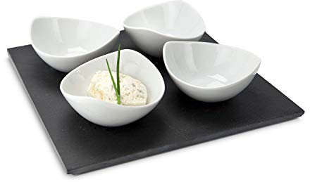 ROMINOX Geschenkartikel Servierschalen // Quattro Ardesia – 5-teilig, 4 schwungvolle Schalen und 1 Schieferplatte, zum Servieren von Dips, Saucen oder Marmeladen; Maße: ca. 25 x 25 x 6 cm