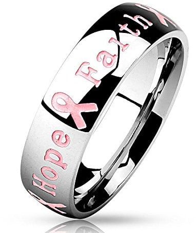 Bungsa 52 (16.6) Ring Gravur - Schmuckring mit graviertem Schriftzug Courage Strength Hope Faith - Brustkrebs Awareness Ring für Damen & Herren - Pink Ribbon Breast Cancer Ring mit Gravur
