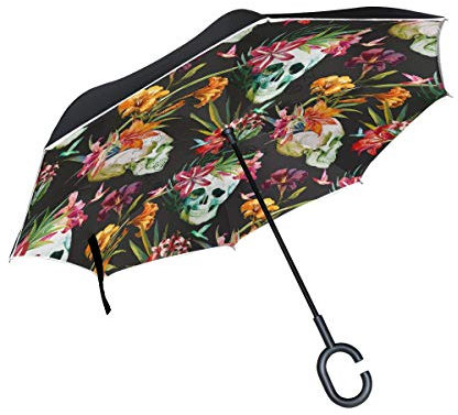 MNSRUU umgekehrte Regenschirme mit Totenkopf mit Blumen, doppellagig, faltbar, Winddicht, UV-Schutz, Winddicht, Reiseschirm für Damen und Herren