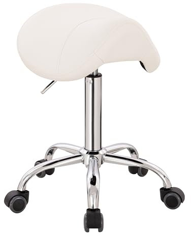 1stuff® Sattelhocker Pony - kompaktes Fußkreuz - gepolsterter Sitz - Höhe bis über 70cm - Rollhocker Sattelstuhl Arzthocker Praxishocker Drehhocker (Lederimitat weiß)
