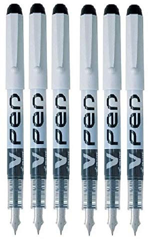3X Black V Pen Fountain Pen Disposable Medium Line Liquid Ink (Pack of 6)