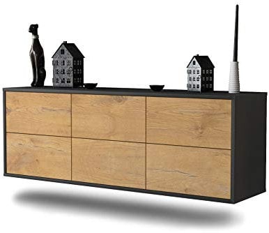 Dekati Lowboard Washington D. C. hängend (136x47x35cm) Korpus anthrazit matt - Front Holz-Design Eiche - Push to Open - hochwertige Leichtlaufschienen