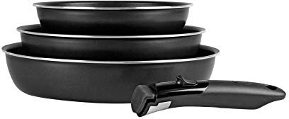 Sitram - 712757 Lot de 3 poêles Sitramovible en aluminium pressé Ø20/24/28cm, revêtement anti-adhérent, poignée amovible - Tous feux dont induction, Noir,argent