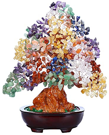 Jovivi Natural 7 Chakra Gemstone Crystal Money Tree Resin Base Bonsai Style Feng Shui Decoration for Wealth and Luck Artificial Trees 9.45-9.85