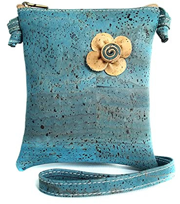 Schultertasche, handgefertigt, aus natürlichem, veganem Kork. ModellFlor blau.
