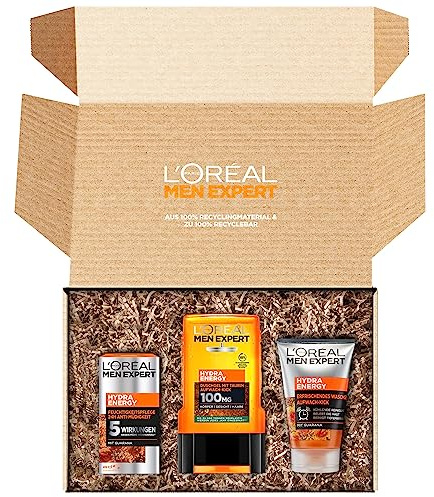 L'Oréal Men Expert Geschenkset für Männer mit Waschgel, Gesichtscreme und XL Duschgel mit Taurin, Energy Box mit Hydra Energy Feuchtigkeitspflege, erfrischendem Reinigungsgel und Bodywash, 3-teilig