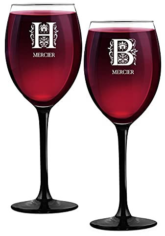 Maverton Ensemble de 2 Verres à vin Personnalisés - 330ml Verre a vin rouge et blanc - Cadeau Personnalisé pour Parents - Cadeau Couple - Classic Verre à pied noir - Lettrine