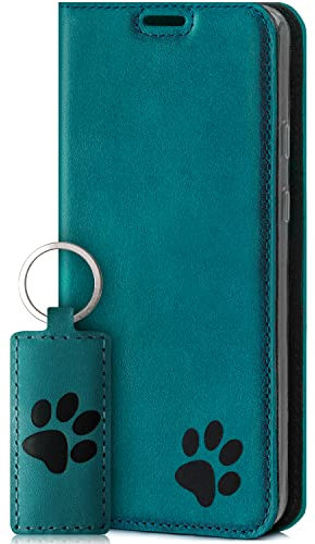 SURAZO Smart Magnet Handyhülle für Samsung Galaxy S20 FE 5G 4G – Premium Echtleder Hülle mit Pfote Motiv - Klapphülle mit [Kartenfach, RFID Schutz] – Schutzhülle Wallet case Handmade in EU (Turquoise)