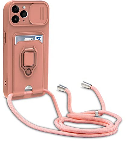 yanasuo Protección de Cámara Funda Compatible con iPhone 11 Pro MAX, con Anillo Soporte, Ajustable Collar Correa de Cuello Cordón Carcasa de Silicona-Pink