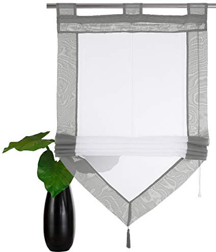 Devola Voile transparent Scheibengardinen mit zweifarbigen Design mit Quaste Fenster Gardinen Panneaux mit Tunnelzug Gardine HxB 140x80cm Grau 1er Pack