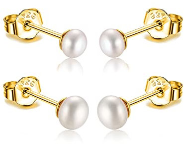 Süßwasserperlen Ohrringe - Mini 3mm, 4mm, 5mm Echte Weiß Zuchtperlen - Vergoldete Perlenohrstecker für Mädchen