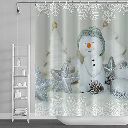SDOTPMT 122x183cm Mignon Bonhomme de Neige Gris Blanc Bande Chapeau Rideau de Douche l'hiver Flocon de Neige Mèche Étoile Joyeux noël Rideau de Bain pour Salle Bains Polyester avec Crochets