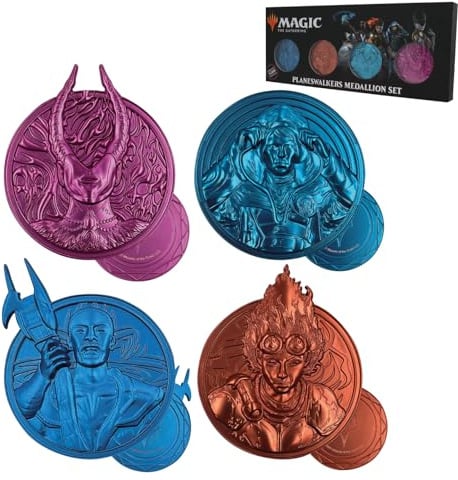 Magic: The Gathering Planeswalkers Medallion Set — Limited Edition 5,000 Embossed Teferi, Chandra, Jace & Ashiok Collectible with Display Stands