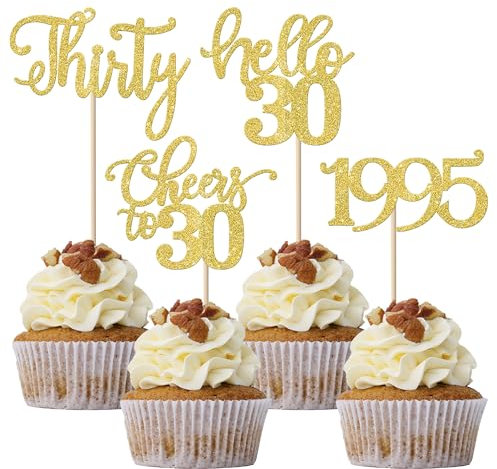 24 Stück 30 Geburtstag Cupcake Toppers Glitter Thirty seit 1995 Prost auf 30 Cupcake Picks Hallo 30 Jahre Geburtstagskuchen Dekorationen für glückliche 30 Geburtstag Jubiläum Party Gold