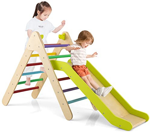 GYMAX 2 in 1 Kids Climbing Set, Wooden Toddler Climber with Slide, Outdoor Indoor Montessori Climbing Toys for 3 Years Old + Boys Girls (Colorful)