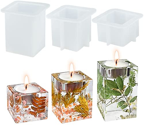 3 Stück Silikonform Kerzenhalter Gießform Teelichthalter Form Silikon Teelicht Kerzenständer Gießform für Beton Kerzen Gießen Epoxidharz Kerzenhalter Teelicht Form Quadrat Kerzenständer Kerzenglas