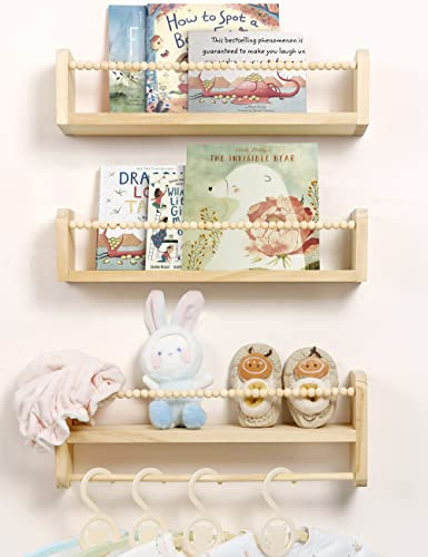 Maxpeuvon Set di 3 mensole per libri per la cameretta dei bambini, decorazione per la cameretta dei bambini, in legno naturale, da parete, con barra porta asciugamani sospesa, per camera dei bambini,
