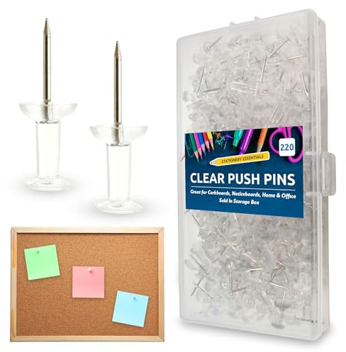 SOL 220pcs Clear Push Pins - Multipurpose Clear Drawing Pins for Pinboards, Noticeboards, Corkboards, Home & Office - Transparent for Organised Display - Comes with Storage Bos for Easy Storage