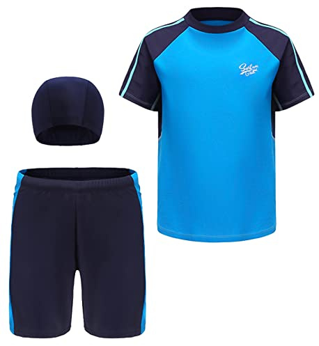 SEAUR Kinder Jungen Badehose Schwimmshirt UV Schutz Badeset mit Badekappe 3 Teilig Rash Guard Kurzarm Badeanzug - 4XL(134-140)