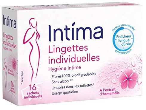 INTIMA Lingettes Hygiène Intime En Sachet Individuel - 16 Unités pour une Fraîcheur et une Hygiène Optimum, Solution de Toilette Intime Pratique et Discrète pour Tous - Lot De 4 - Vendu Par Lot