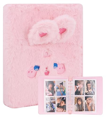 Kpop Fotokarten-Ordner, Plüsch-Fotoalbum mit 30 Innenseiten, 5,1 x 7,6 cm, Fotokartenhalter, Buchhüllen, 6 Ringe, 4 Taschen, Kartenschutz (Kawaii-Hase)