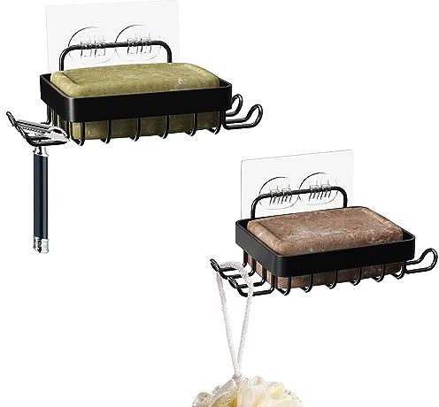 2 Black Soap Dish With Hooks, No-Drilling Soaps Holder with Drainage, Wall Mounted Metal Soap Case, Home Accessories for Bathroom, Kitchen, Shower, Max Hold 5 KG