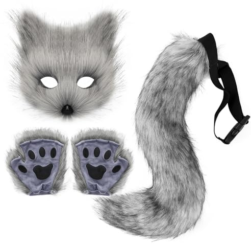 Adolala Faux Fur Fox Tail Cat Wolf Set Plush Mask Fluffy Paw Gloves Halloween Christmas Party for Women