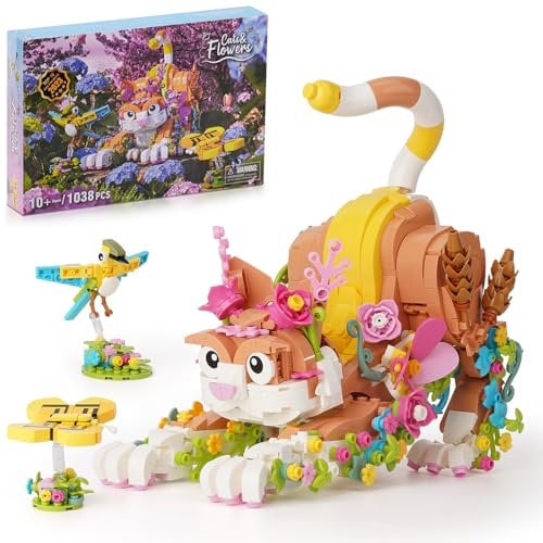 IKUPER Katze Bausatz mit Blumen, Tiere Botanische Sammlung, Home und Zimmer-Deko, Weihnachten Ostern Ideen Geschenk für Kinder Jungen Mädchen ab 10 Jahren (1038 Stück)