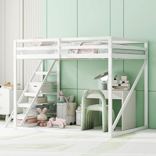 Kinderbett Hochbett 140x200 mit Sicherheitsleiter, Etagenbett aus Massivholz mit Lattenrost geeignet für Kinder, Jugendliche und Erwachsene weiß