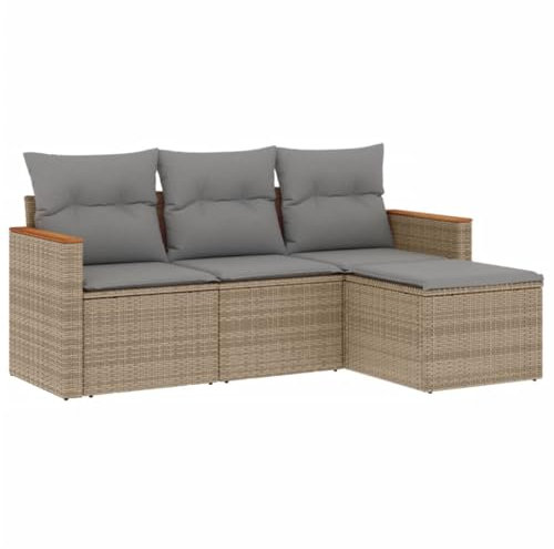vidaXL Garten Sofagarnitur mit Kissen 4-TLG., Gartenmöbel Gartengarnitur, Sitzgruppe Sitzgarnitur, Lounge Sofa Garnitur Terrasse, Beigemischung Poly Rattan