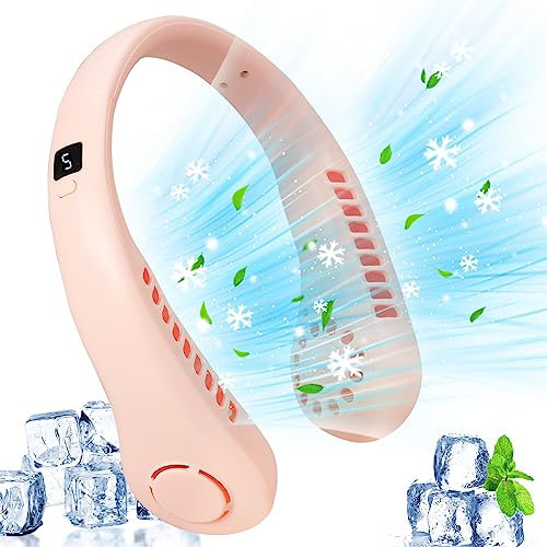 GOXAEEE Tragbarer Mini Hals Ventilator mit,5 Geschwindigkeiten, USB nackenventilator mit 360° Luftstrom,Ventilator Hals Hängend,Blattlos Nackenventilator für Reisen, Sport,Camping (pink)