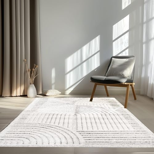 In & Outdoor Teppich Barcelona Wetterfest Balkon Boho Wohnzimmer Küche Skandinavisch Muster Einfarbig 3D Effekt Modern weiß Kreise Welle 120x160 cm
