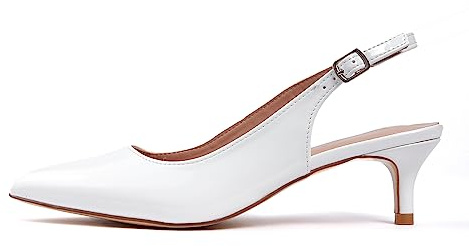GENSHUO Scarpe décolleté da Donna con Cinturino Posteriore e Tacco Basso, Patent Bianco, 41 EU