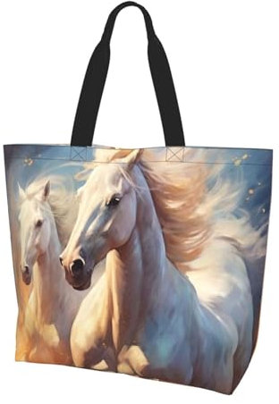 KUEhhhr Wiederverwendbare Einkaufstasche, Pferdeaufdruck, Tragetasche, Cartoon-Pferd, große Kapazität und langlebig, Einkaufstasche mit Pferdemotiv 3, Einheitsgröße