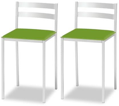 ASTIMESA 2 Taburetes de Cocina con Respaldo bajo, Franjas horizontales y Asiento tapizado - Estructura Color Blanco - Asiento en Polipiel Verde