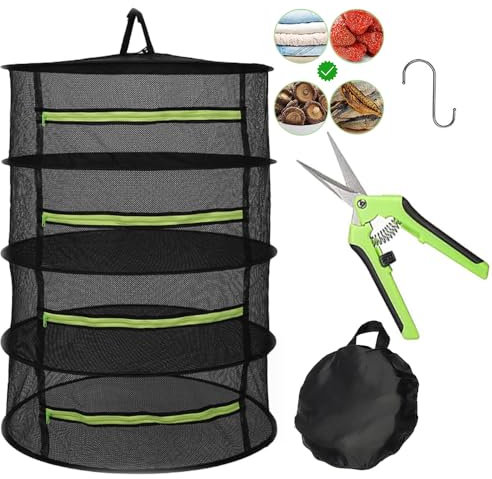 4-Lagiger Trockennetz,Trockennetz Kräuter,Kräuter-Trockenständer,Kräutertrockner Hängen,Trocknungssystem mit Grün Reißverschluss für Grow Zelt oder Gewächshaus,Trocknungsnetz mit Astschere und Haken