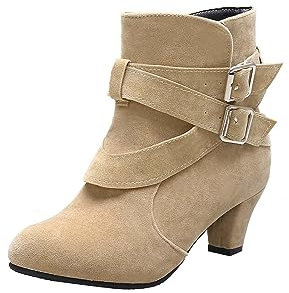 Generico Stivali Donna al Ginocchio Stivaletti Donna Tacco Stivali Corti in Tinta Unita Donna Stivali Bassi con Tacco Medio in Pelle Scamosciata con Tacco Stivaletto Donna Primavera (Beige, 39)