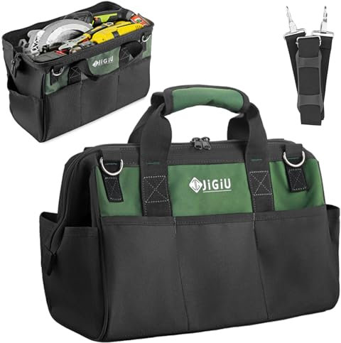 JiGiU Tool Bag Large Tool Storage Bag Multifunctional Organiser for Hand Tools with Shoulder Strap Large Capacity 14-Pockets Waterproof Hard Base Tool Organiser Wide Open Mouth Bag