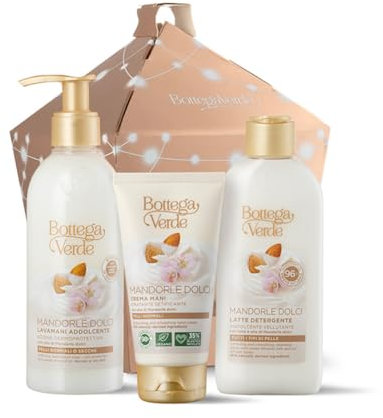 Bottega Verde - Mandorle Dolci, Confezione Regalo con Crema Mani Idratante 75 ml, Latte Detergente 200 ml e Lavamani Addolcente 250 ml, in un Elegante Cofanetto, Idea Regalo