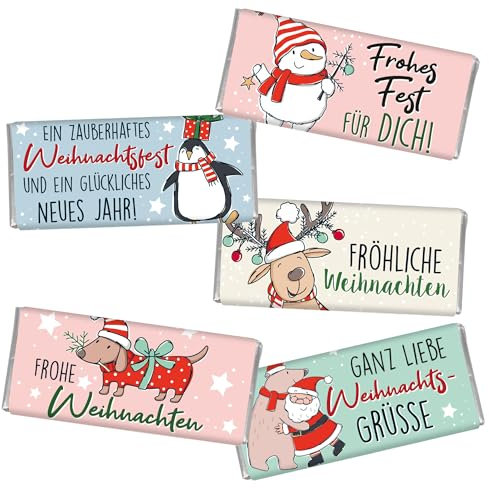 STEINBECK Minischokolade Weihnachten 5x18g - Rentier Weihnachtsmann Schneemann Pinguin - Vollmilch Geschenk Befüllung Adventskalender Tischdekoration Weihnachtsmann Wichteln
