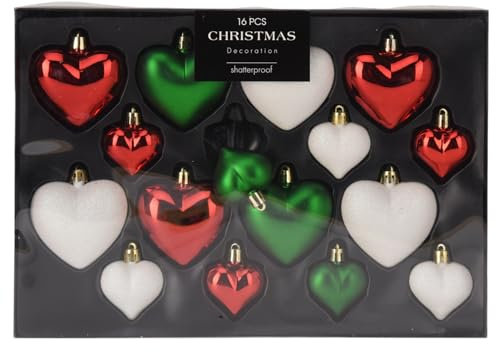 MIJOMA 16-teiliges Christbaumkugel-Set, bruchsicher, 2 Größen 65mm & 45mm, Weihnachtsanhänger – Herzform oder Sternform, Weihnachtsbaumschmuck Matt, Glänzend, Glitter (Rot-Grün-Weiß, Herz)