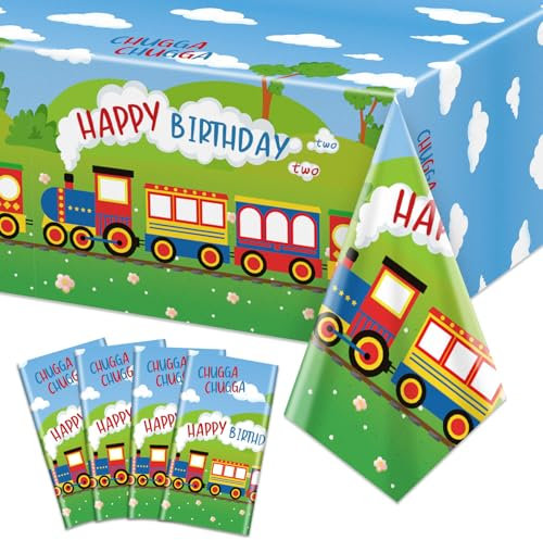 4 manteles de fiesta Chugga Chugga, dos manteles de fiesta de cumpleaños de tren para baby shower, transporte, decoración de fiesta de cumpleaños de 2 años, suministros de fiesta de cumpleaños, 51 x