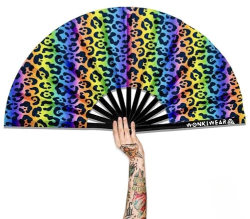 WONKIWEAR Fan, Folding Handheld, Glow UV Reactive Design, Large Strong Black Bamboo. Unisex for Raves, Festivals, Concerts, Drag, Gay Pride (UV Rainbow Leopard, Large)