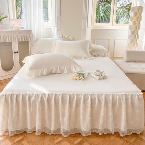 Spannbetttuch 150x200cm, Weiß Fitted Sheet Volltonfarben mit Spitze Polyester Spannbettlaken