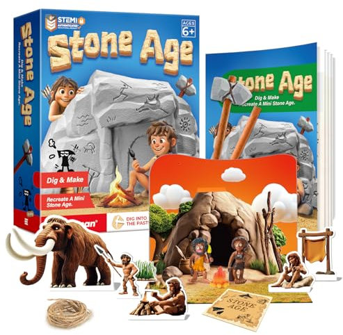 EDUMAN Steinzeit Ausgrabungsset für Kinder ab 6 7 8 9 10 11 12 Jahren – Archäologie Spielzeug mit Werkzeug, Poster & Karten – STEM Geschenkidee zum Geburtstag & Einschulung