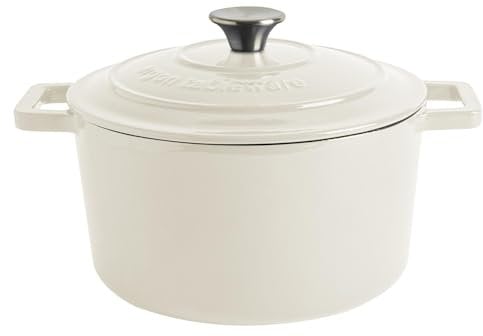 Argon Tableware 4.5L Round Cast Iron Casserole Dish with Self-Basting Lid - Pebble Gloss - 1x Induction Hob Cooking 4.75QT Dutch Oven Bread Baking Serving Roasting Stew Stock Pot Cookware Pan