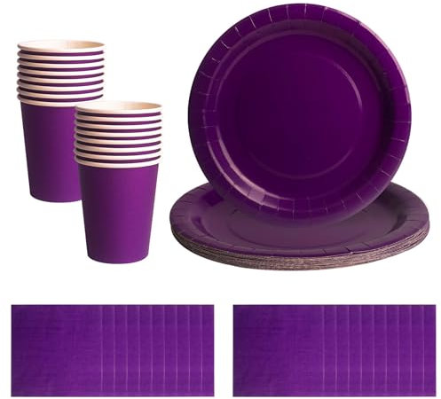 Set di stoviglie usa e getta viola, 52 pezzi, 20 tovaglioli di carta, 16 bicchieri, 16 piatti di carta da 17,8 cm, biodegradabili, tinta unita, viola, per compleanni, matrimoni, feste di Natale per