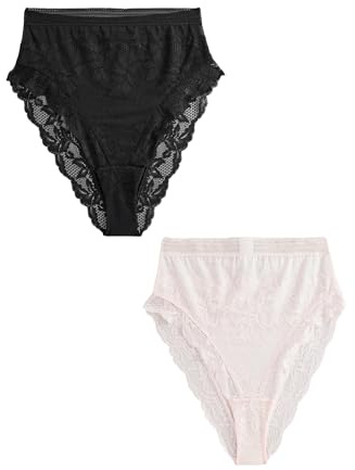 NEXT Damen Hochbund-Spitzenslips im 2er-Pack, hohes Bein Schwarz/Creme 50