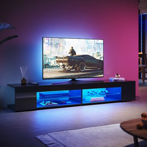SUNXURY TV Board mit LED-Beleuchtung Fernsehtisch mit Glasablage 180(B) x 39(T) x 30(H) cm TV Schrank Fernsehschrank TV lowboard Schwarzer Hochglanz