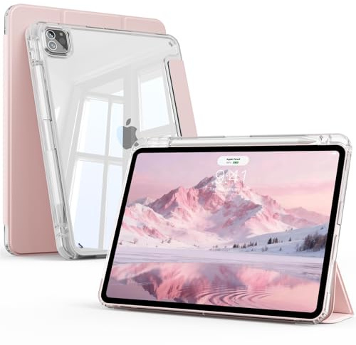 KTGGHG Clear Case for iPad Air 13 8/7/6th Gen & Pro 12.9 6th/5th, Pink | Shockproof TPU Frame with Pencil Holder, Clear Hard PC Back Cover, Pencil Charging, Slim & Lightweight, Auto Wake/Sleep